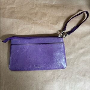Danier Purple Leather Dual Zip Wristlet Mini Purse. 8.5” by 4.5” by 0.5”